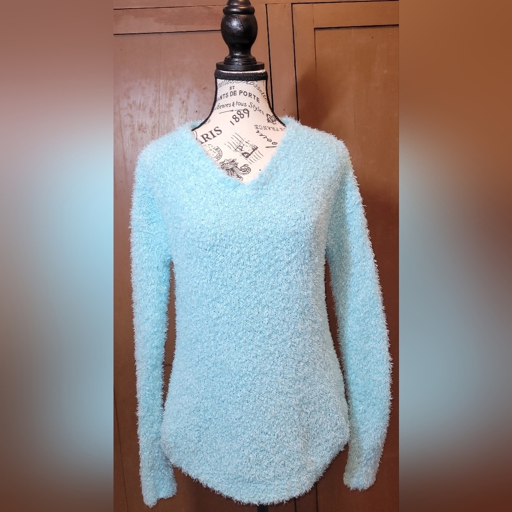 Women's Sz S Cato Pullover Sweater Long Sleeve V-Neck Aqua Blue Fuzzy Knit